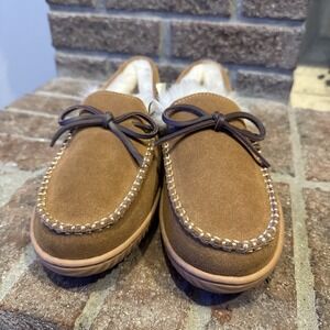 FIRESIDE by Dearfoams Nelson Bay Shearling Mocassin Slipper Shoes Chestnut Sz 9